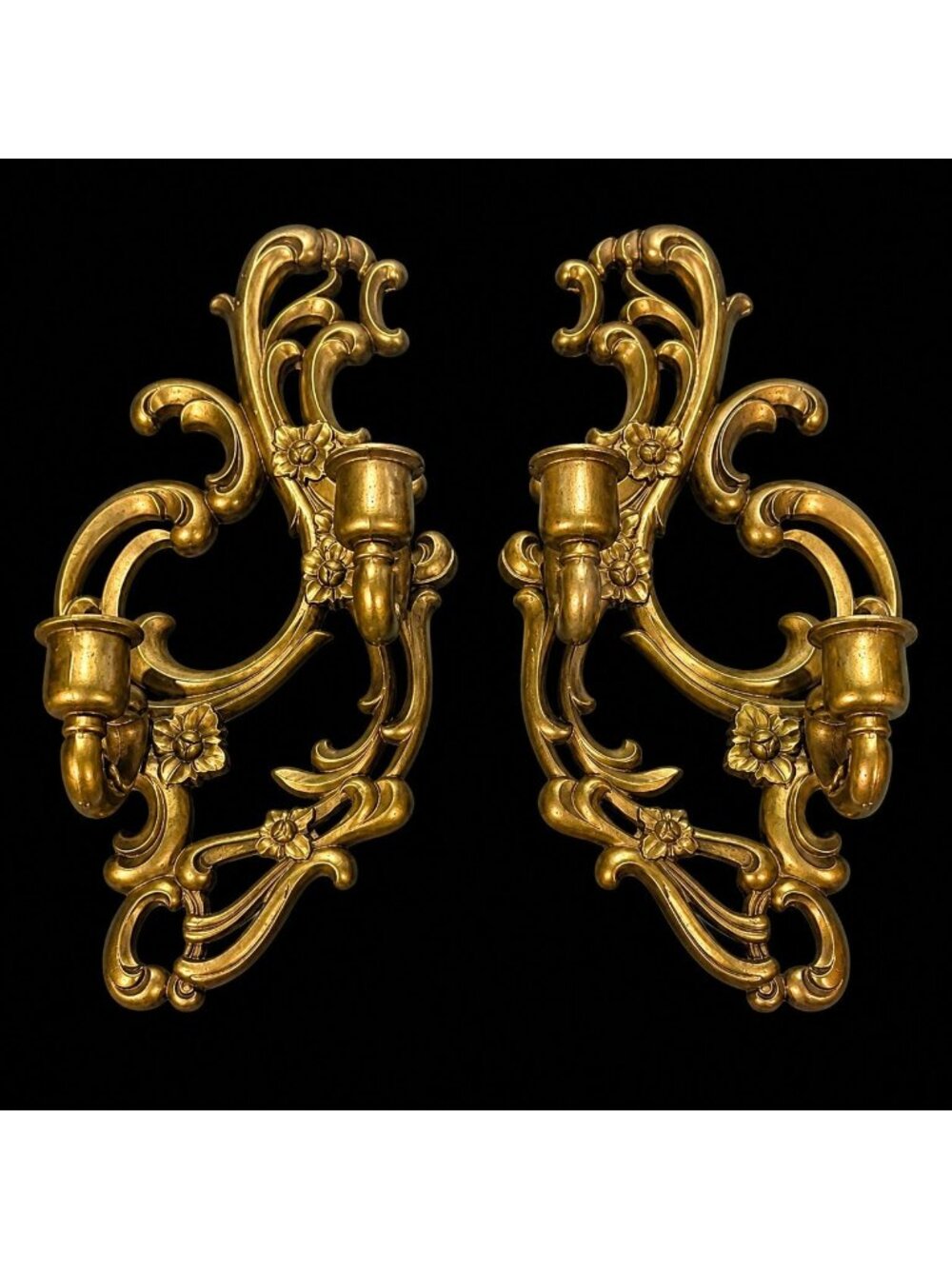 Antique Gold-Toned 2 Arm Scrolled Cast Metal Candle Holder Wall Sconces Pair